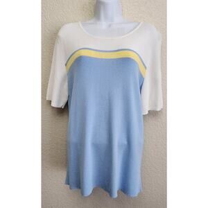 Draper's & Damon's Blue White Yellow Stripe Round Neck Top Large Lightweight